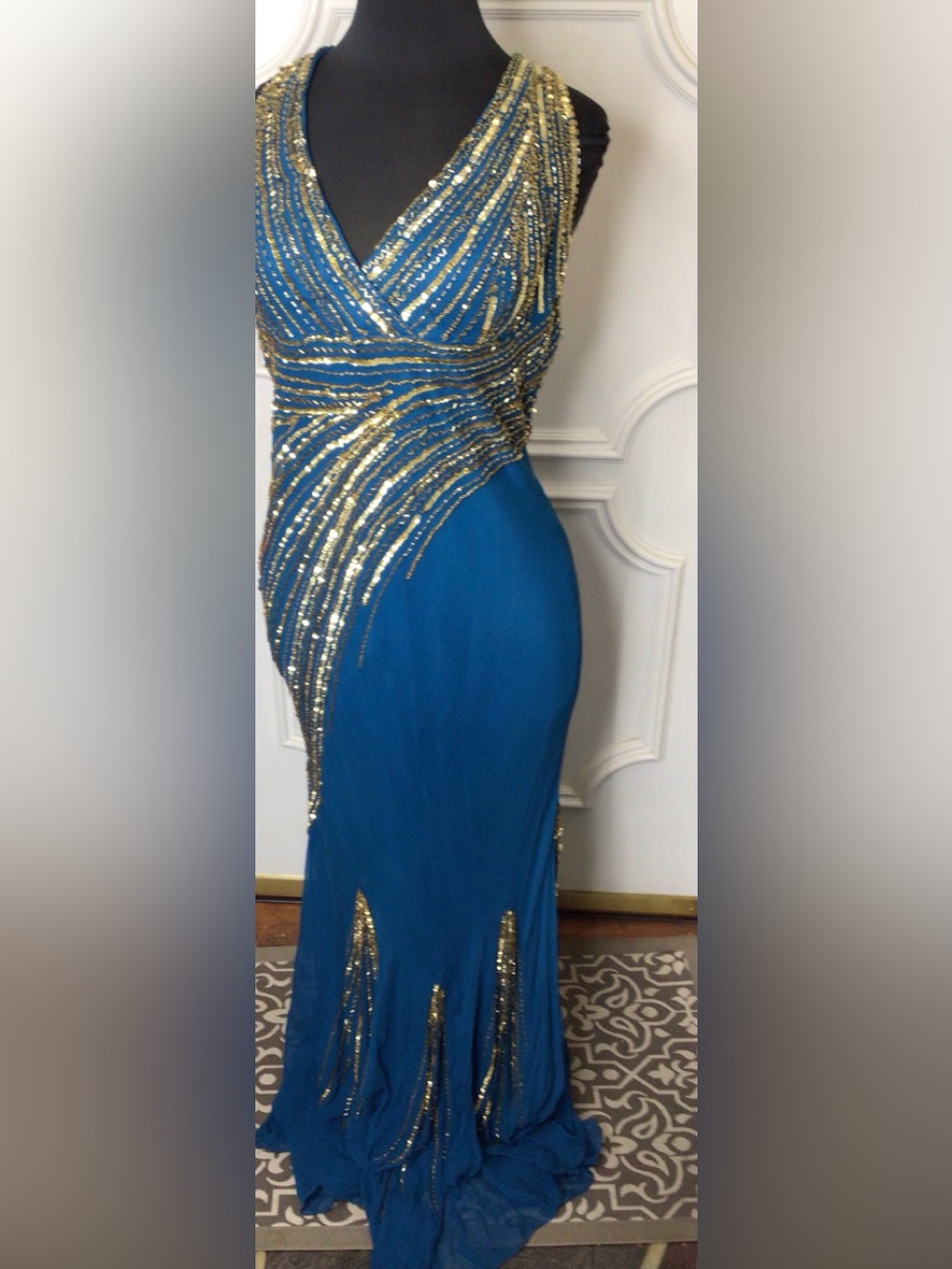 Jewel Tone Deep Teal Evening Gown with Gold Sequin Accents Size 16